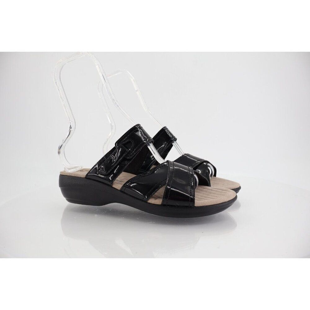 Clarks Women's Alexis Art Sandal Size 9 Low Wedge Black Patent Leather Slide